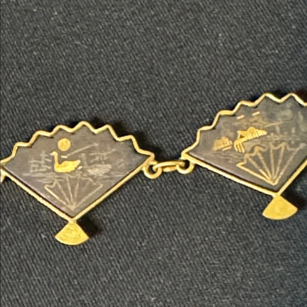 Japanese Amita Damascene fan shaped necklace,